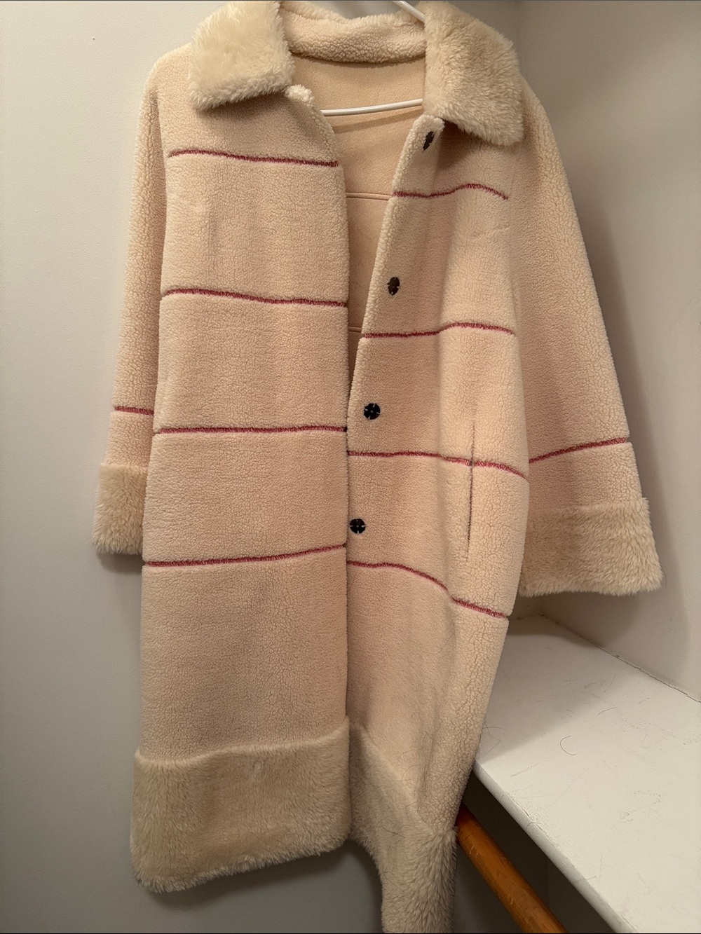 Cream Teddy Coat with Subtle Pink Stripe